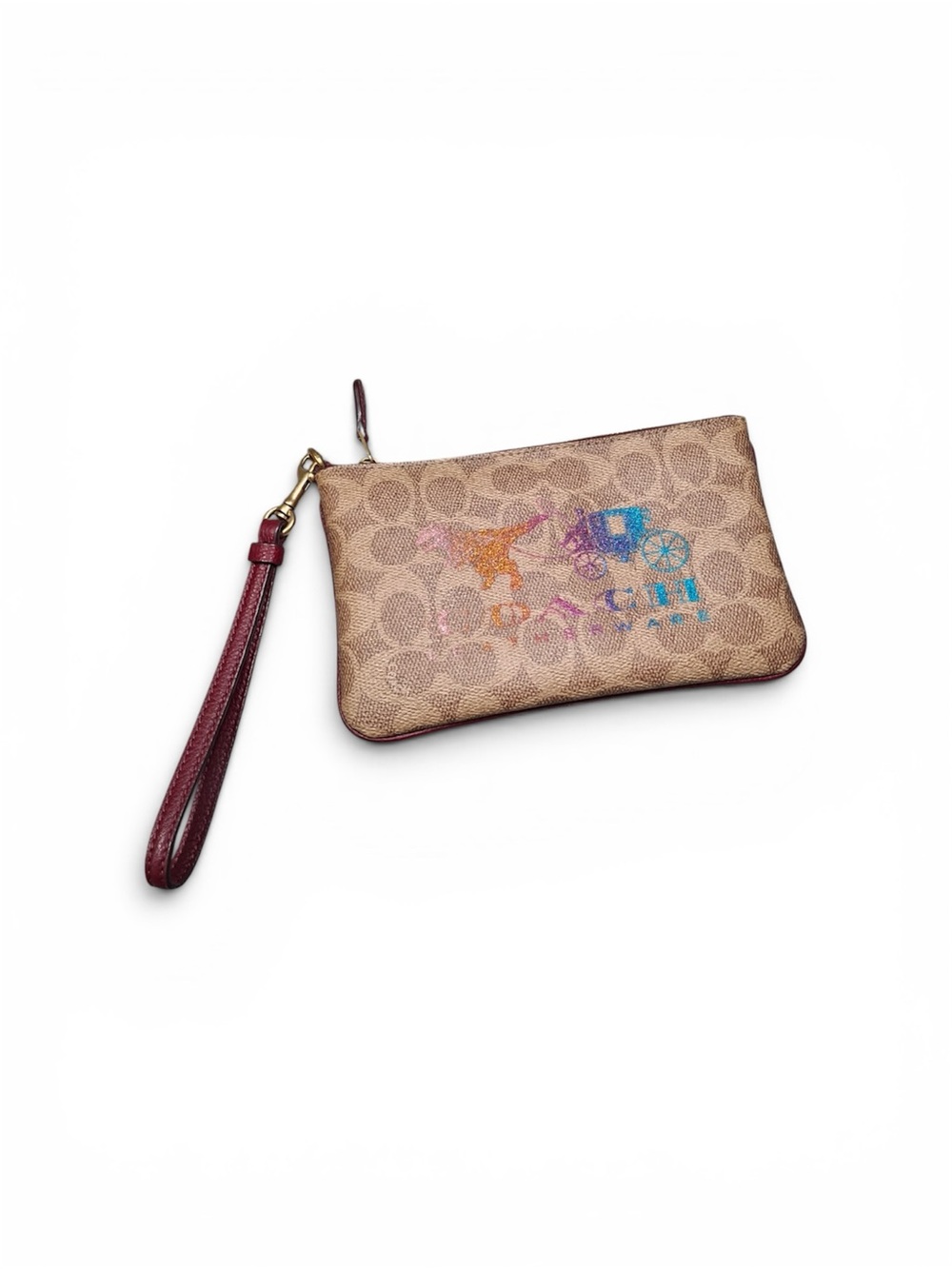 Coach Beige Signature Canvas Wristlet with Maroon Strap and Multicolor Carriage